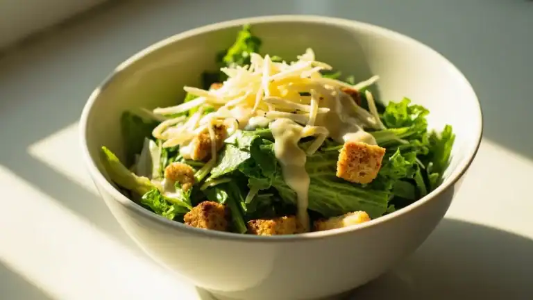 Classic gluten-free Caesar salad with romaine lettuce, croutons, Parmesan cheese and Caesar dressing in a white bowl