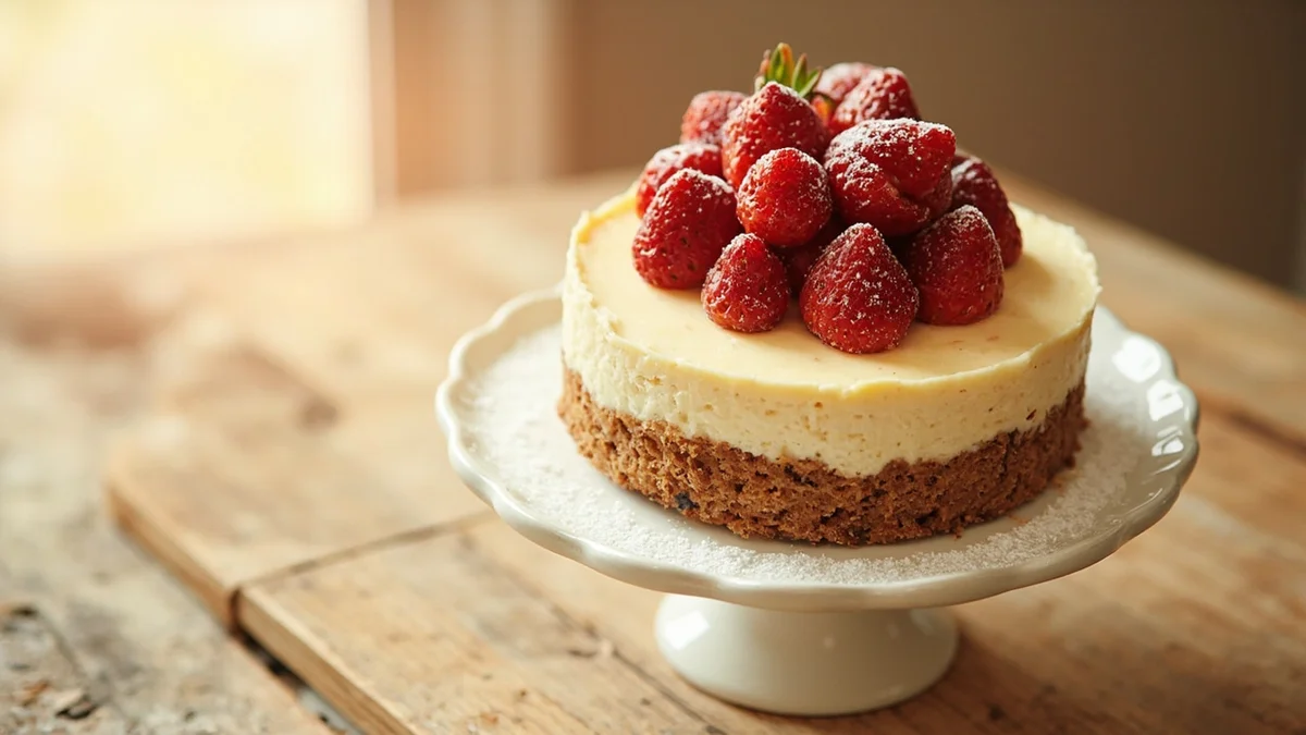 Creamy gluten-free cheesecake with golden graham cracker-style crust topped with fresh strawberries on a white cake stand