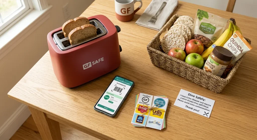 Gluten-free living essentials including labeled toaster, apps, and celiac-safe snacks