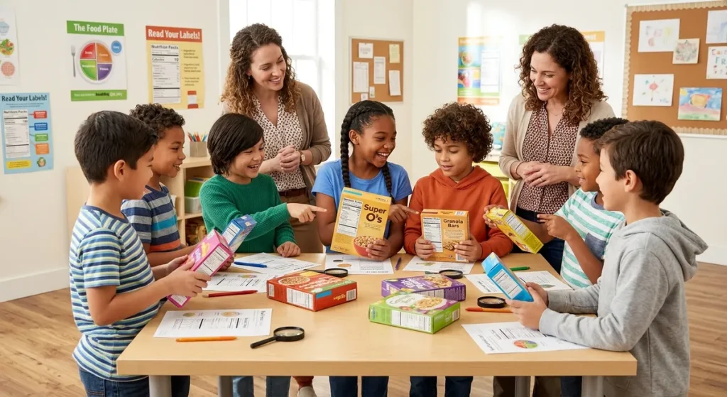 Elementary students playing a gluten-free label reading game for celiac awareness at school