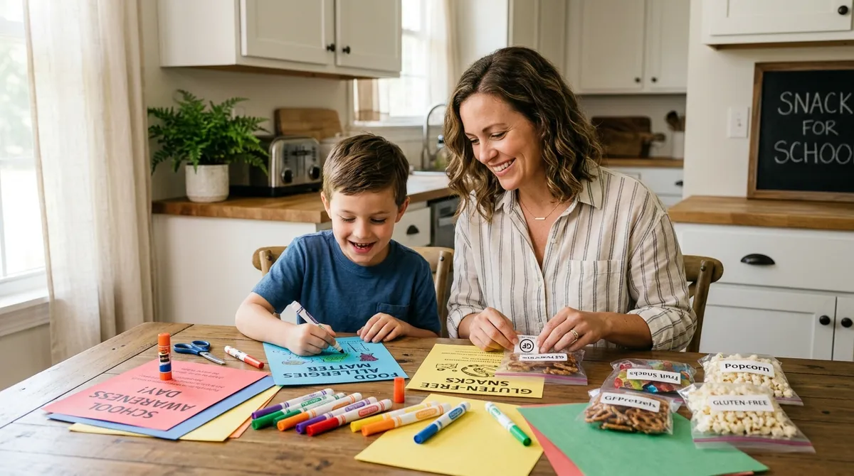 Mother and son preparing Celiac Strong Day awareness materials and gluten-free snacks for school