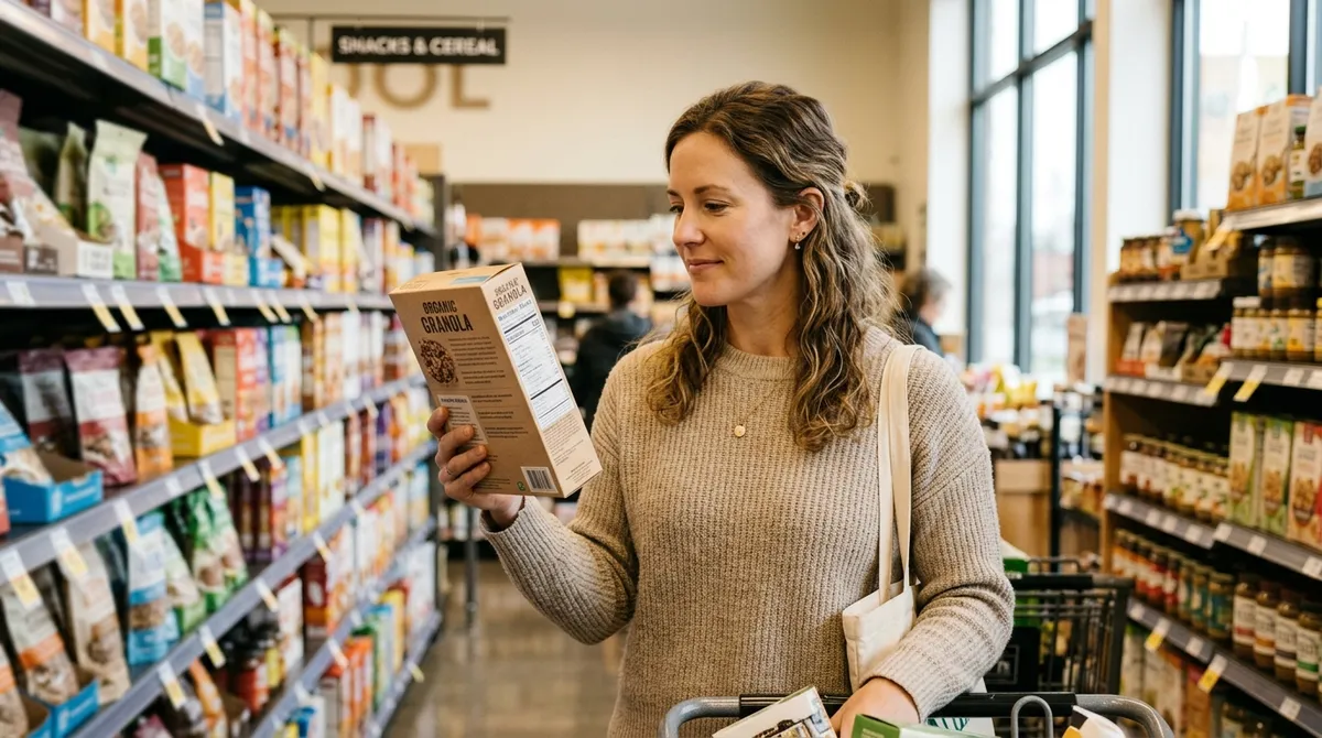 Woman reading may contain gluten warning label on food package in grocery store aisle