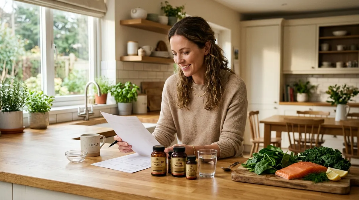 Woman reviewing gluten-free nutritional deficiencies testing results with supplements and healthy food