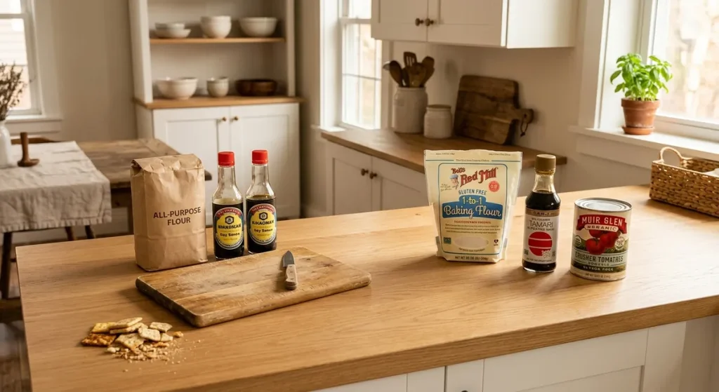 Side-by-side comparison of pantry items to toss versus safe gluten-free pantry staples to keep