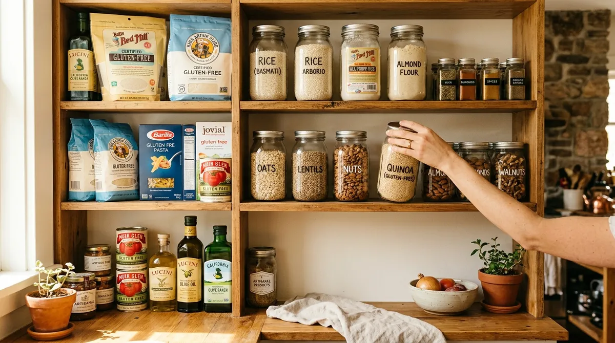 Organized gluten-free pantry staples on wooden shelves including rice, flour blends, and certified GF products