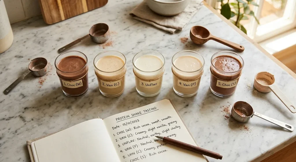 Taste testing gluten-free protein powder varieties in glass cups with tasting notes