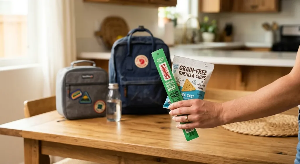 Parent holding Chomps beef stick and grain-free tortilla chips next to a school lunchbox