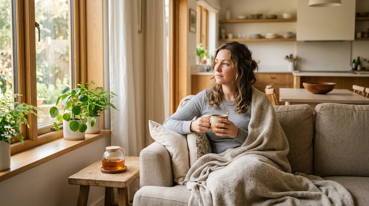 Woman resting at home with herbal tea during a gluten flare recovery day