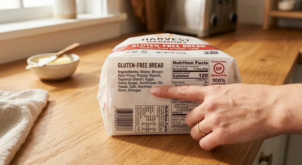 Reading gluten-free bread ingredient label to identify why stomach hurts after eating