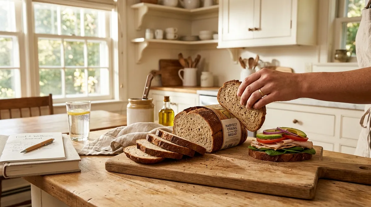 Sliced gluten-free bread on cutting board with food journal for tracking stomach pain triggers