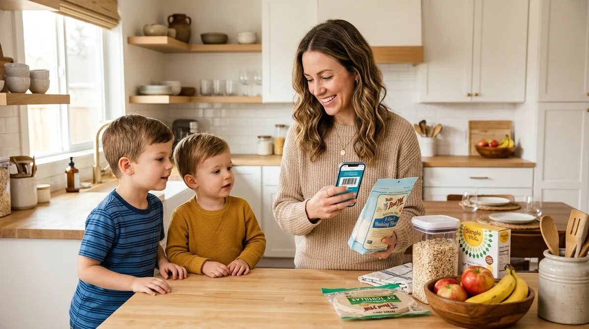Mom scanning grocery barcode with gluten-free digital tool while kids watch in bright family kitchen