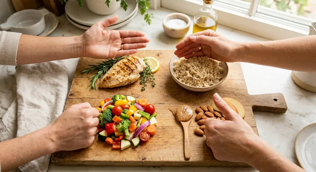 Hand method portion guide for gluten-free balanced nutrition macros