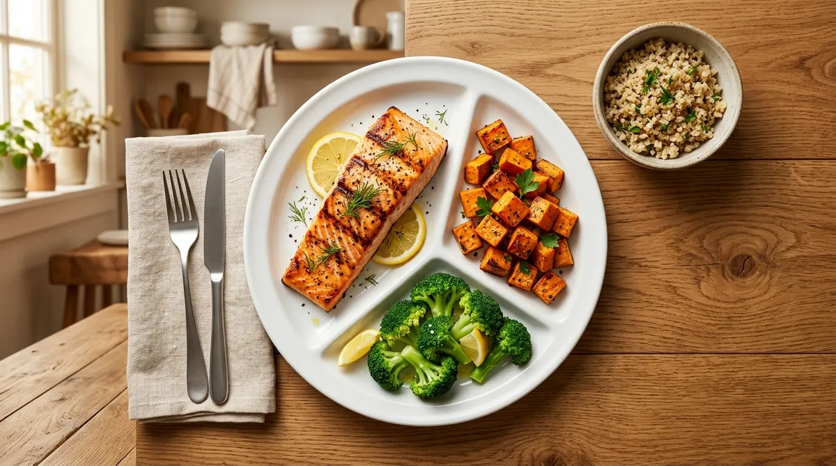 Balanced gluten-free macro plate with salmon, sweet potato, avocado, and broccoli