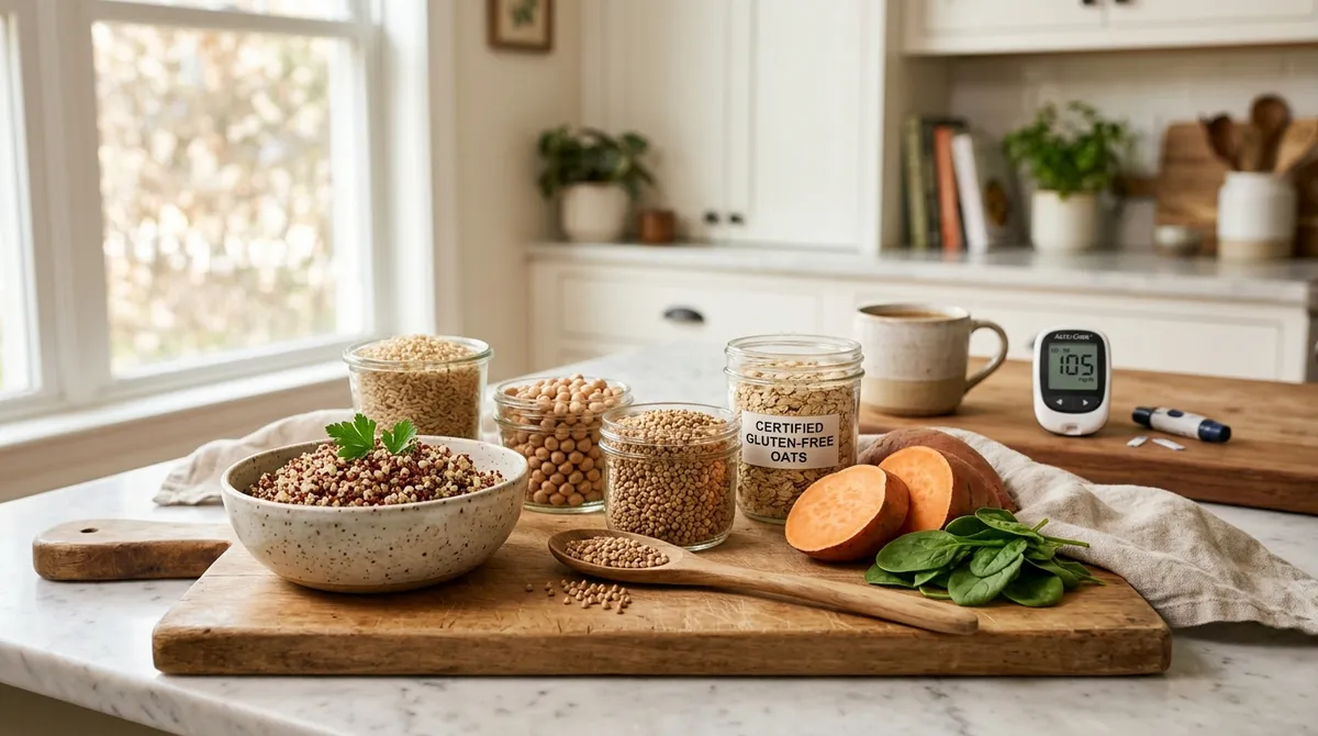 Whole grain gluten-free foods that support healthy insulin resistance and metabolism on a kitchen counter