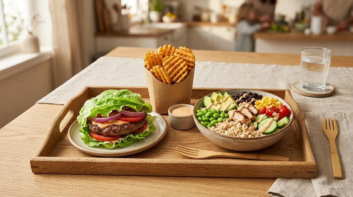Gluten-free fast food options including lettuce wrap burger, fries, and rice bowl on tray
