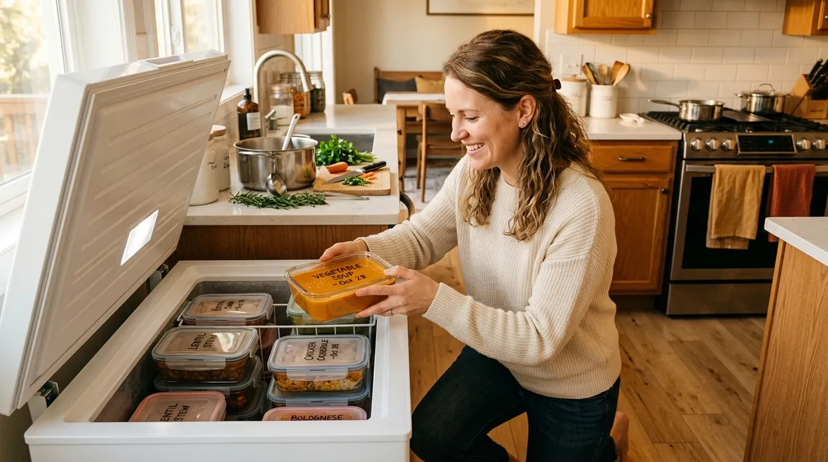 Busy mom stacking labeled gluten-free freezer meals into a chest freezer in a warm, organized kitchen