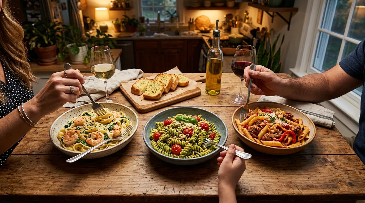 Three bowls of gluten-free pasta recipes for weeknight dinners on a family table
