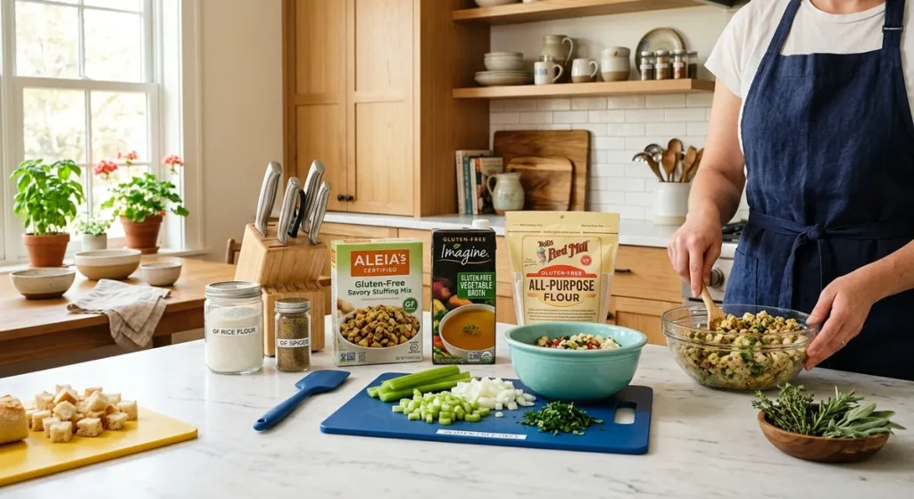 Organized gluten-free holiday kitchen prep station with labeled GF products and separate dedicated utensils