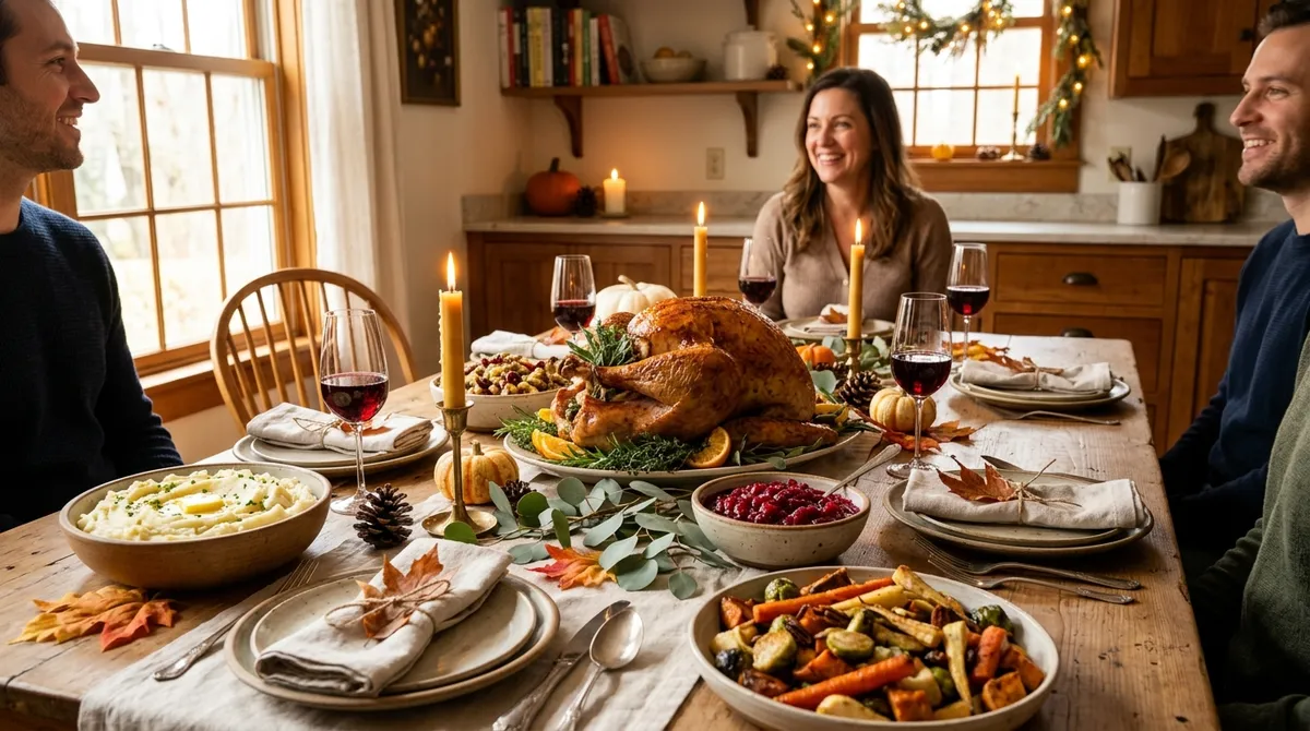 Gluten-free holiday meal spread with roasted turkey, stuffing, and seasonal sides on a warmly lit dining table
