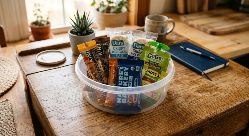 Gluten-free safe snack stash in a classroom container for a child with celiac disease at school