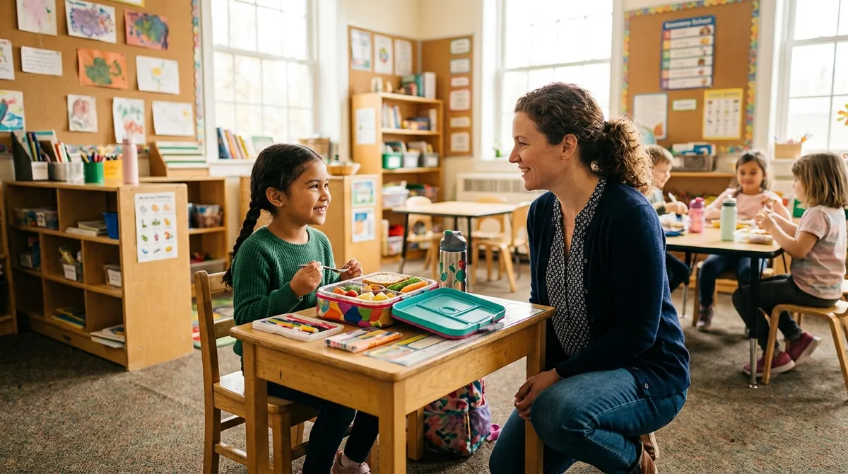 Mom and teacher talking about gluten-free needs for a child with celiac disease at school