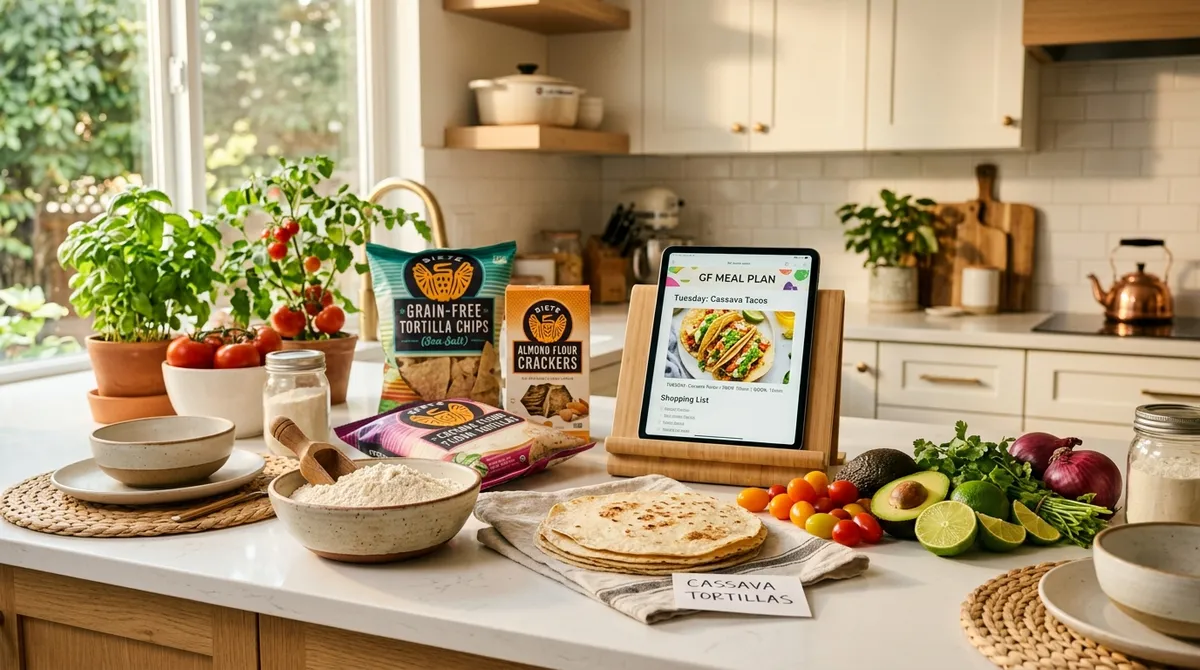 Colorful gluten-free food trends displayed on kitchen counter with alternative flours and snacks
