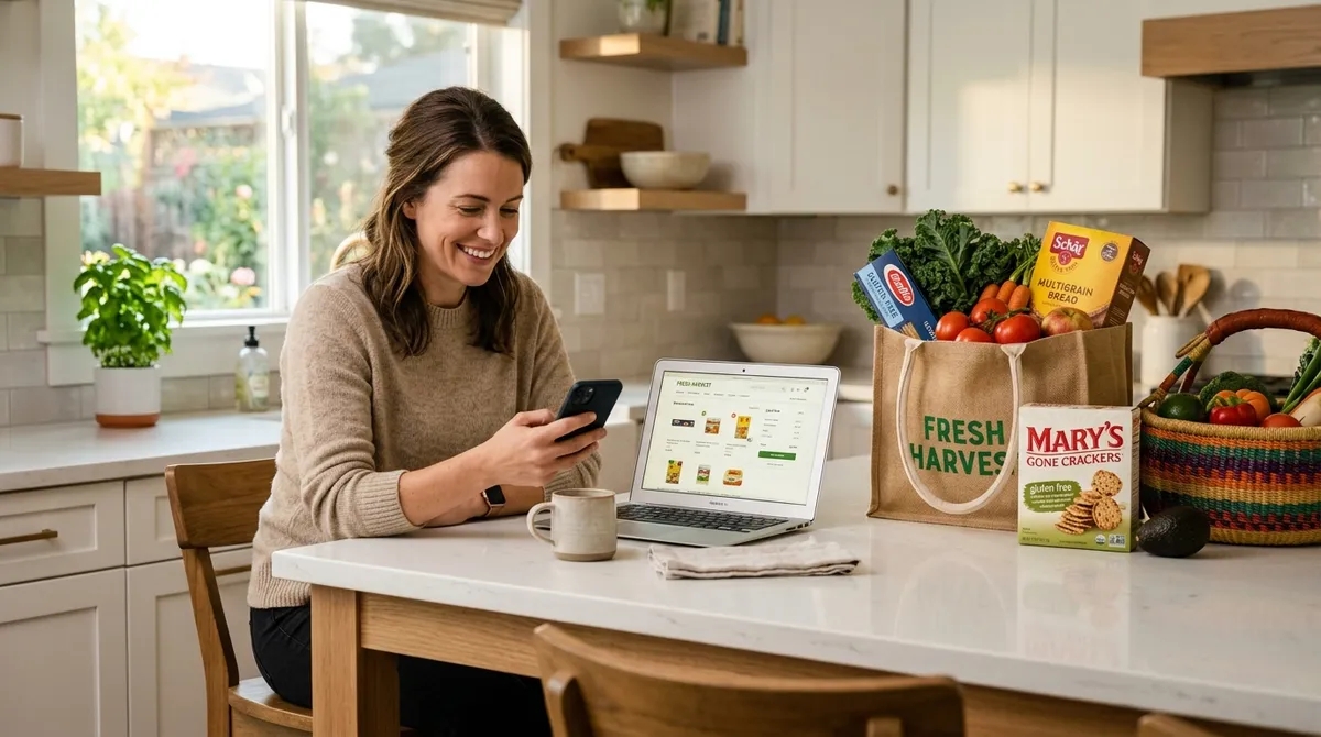 Woman comparing gluten-free grocery shopping online on laptop with GF products on counter