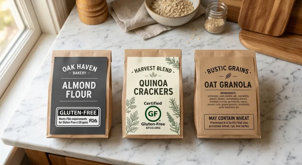 Side-by-side comparison of FDA gluten-free label, GFCO certification logo, and may-contain wheat advisory on food packaging