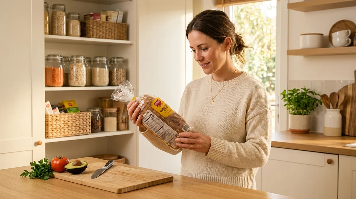 Woman reading gluten-free certified product label in kitchen to check safe gluten levels for celiac disease management