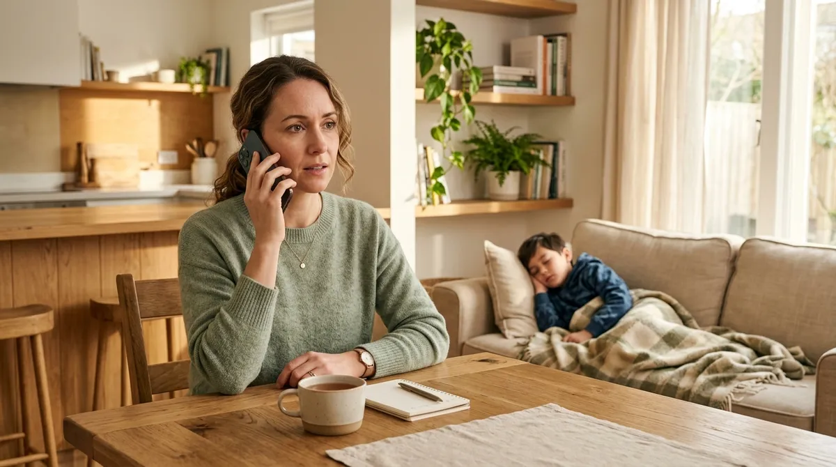 Mom on phone managing child glutened at school while son rests at home with celiac disease symptoms