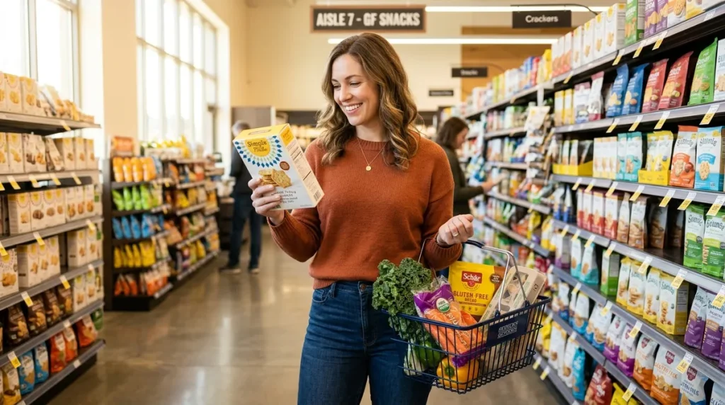 Woman reading gluten-free label while shopping at grocery store