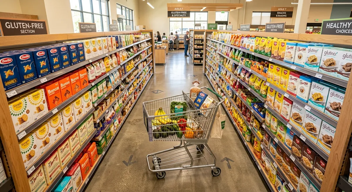 Best gluten-free grocery stores aisle with colorful GF products and shopping cart