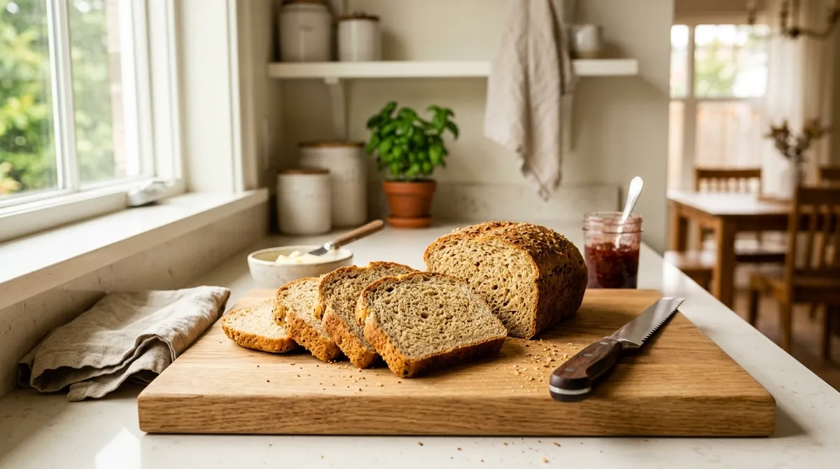Golden slices of gluten-free bread on a wooden cutting board showing sturdy texture that doesn't fall apart