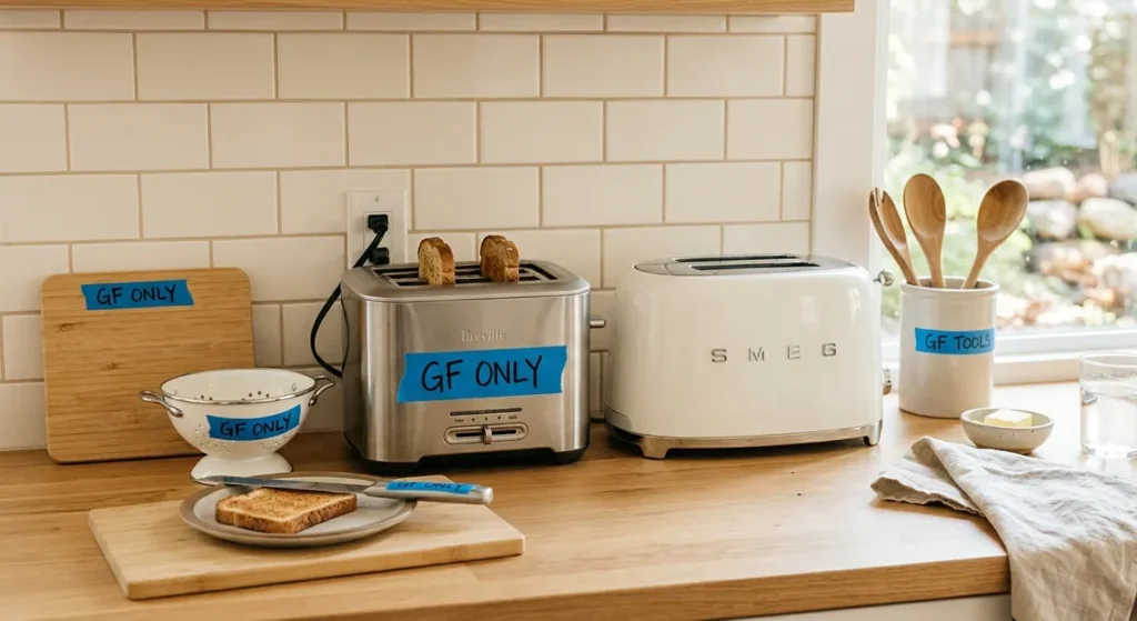 Dedicated gluten-free toaster labeled GF only next to separate cutting board to prevent cross-contamination at home