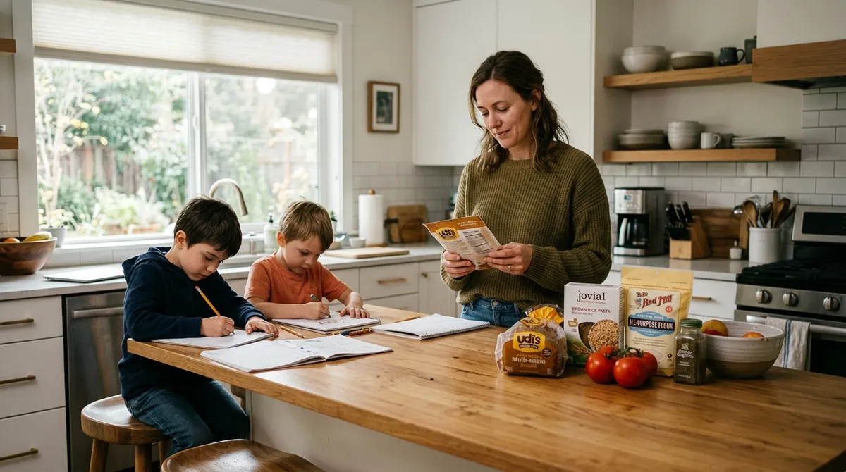 Mom reading gluten-free food label in kitchen while two kids do homework nearby — gluten-free family life