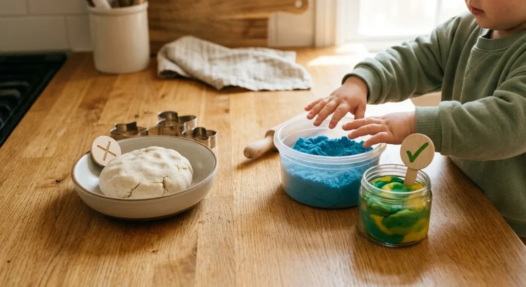 Gluten-free daycare craft alternatives including kinetic sand and certified gluten-free play dough for toddlers
