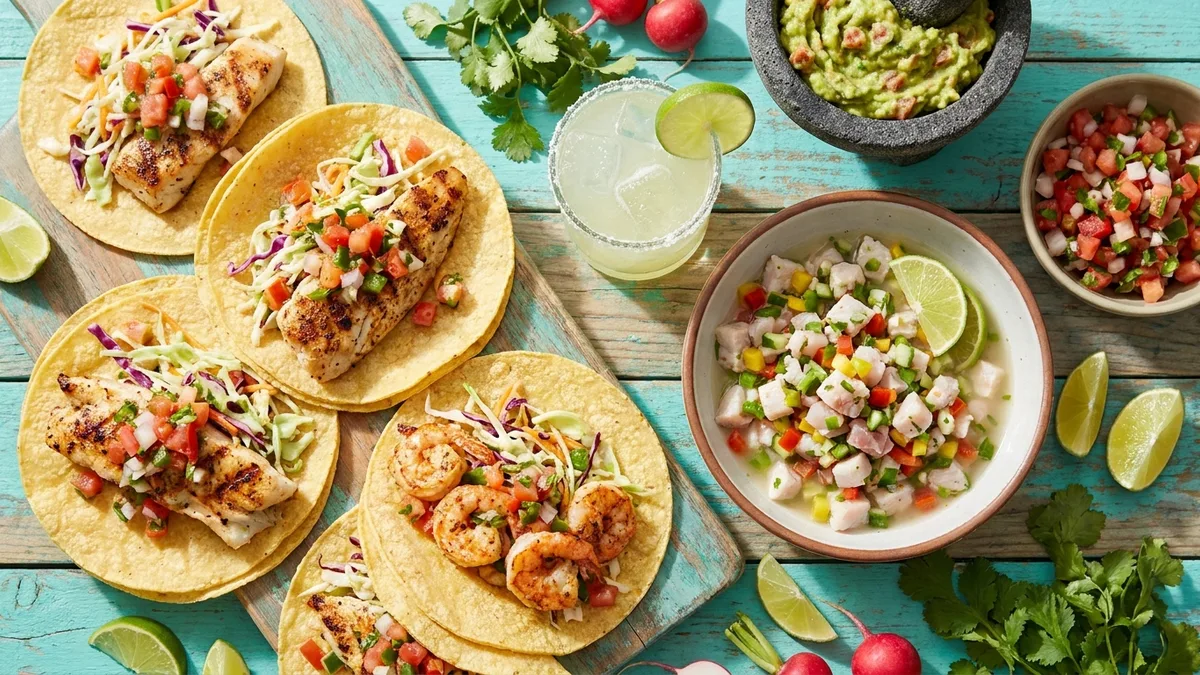 A gluten-free Mexican spread of corn-tortilla tacos, fresh ceviche, guacamole, and a margarita on a sunny table