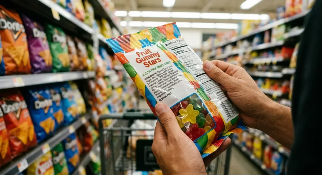 Parent checking a gluten-free label on dyed snacks for natural food coloring safety
