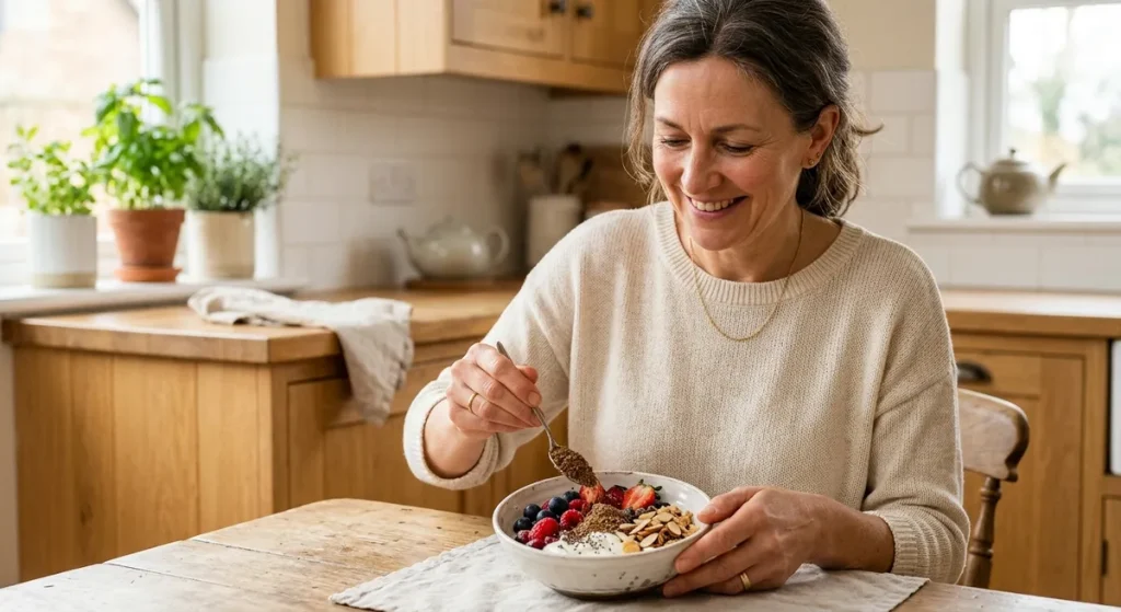 Adding flaxseed and chia to yogurt for fiber and calcium on a gluten-free menopause diet