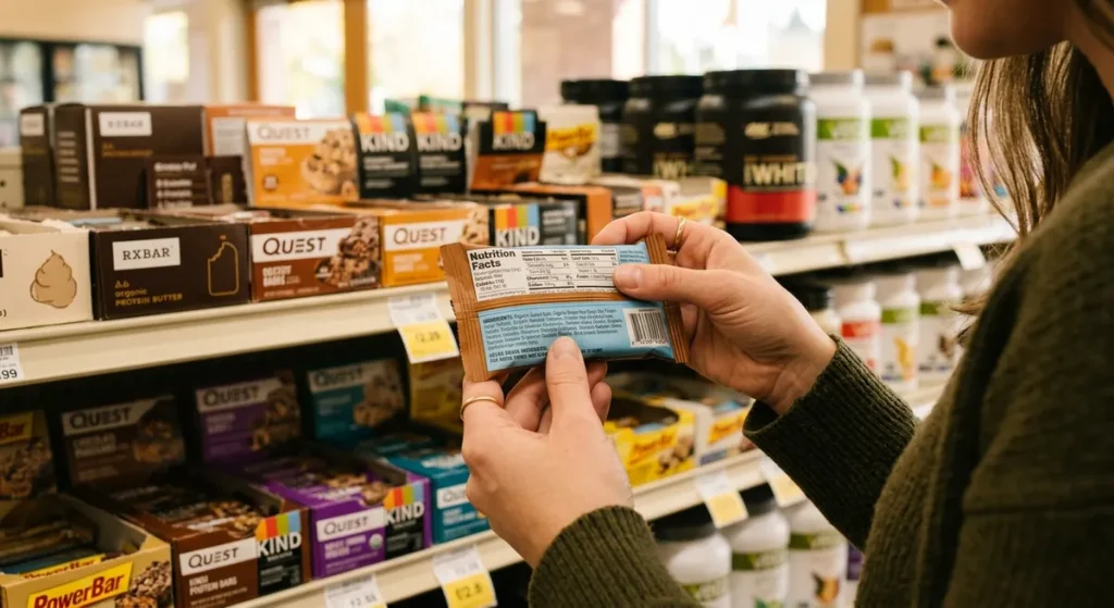Reading a protein bar ingredient label to check if it is gluten-free at a grocery store
