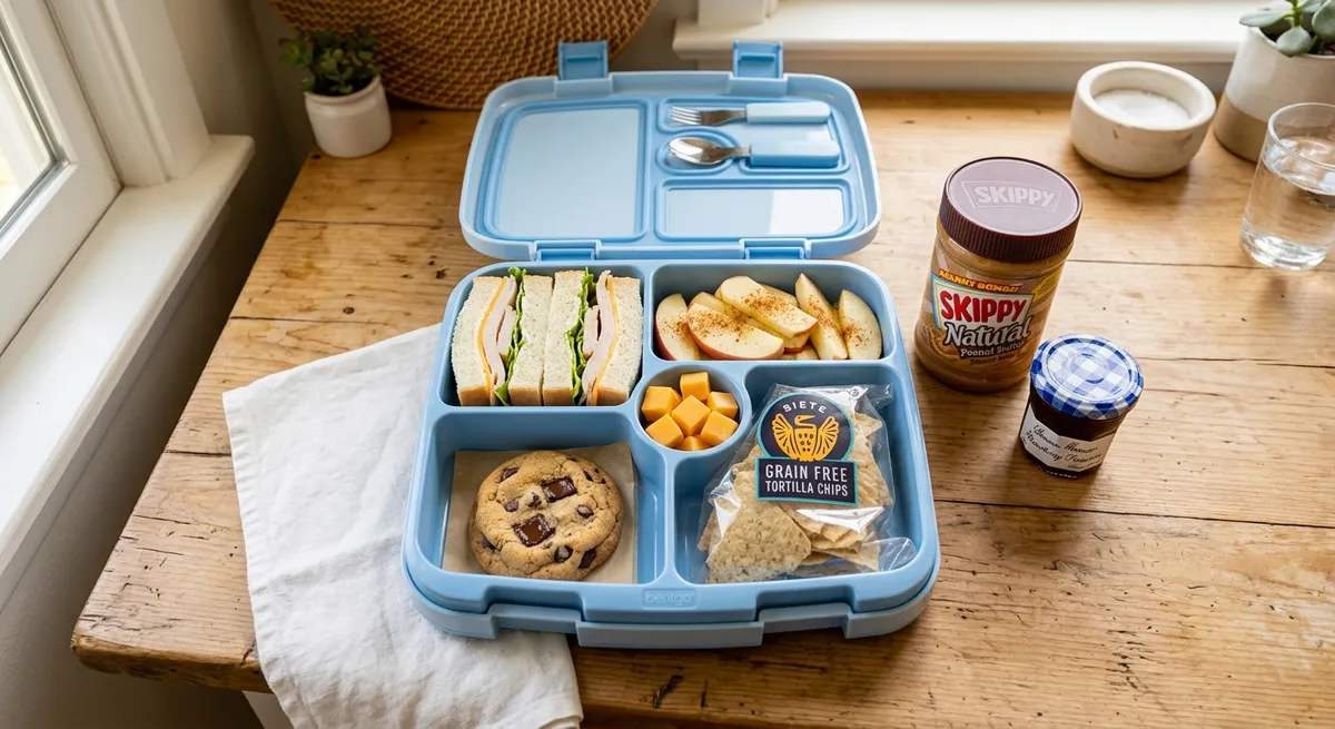 Packed gluten-free kids lunchbox with sandwich, fruit, cheese and cookie beside labeled peanut butter jars
