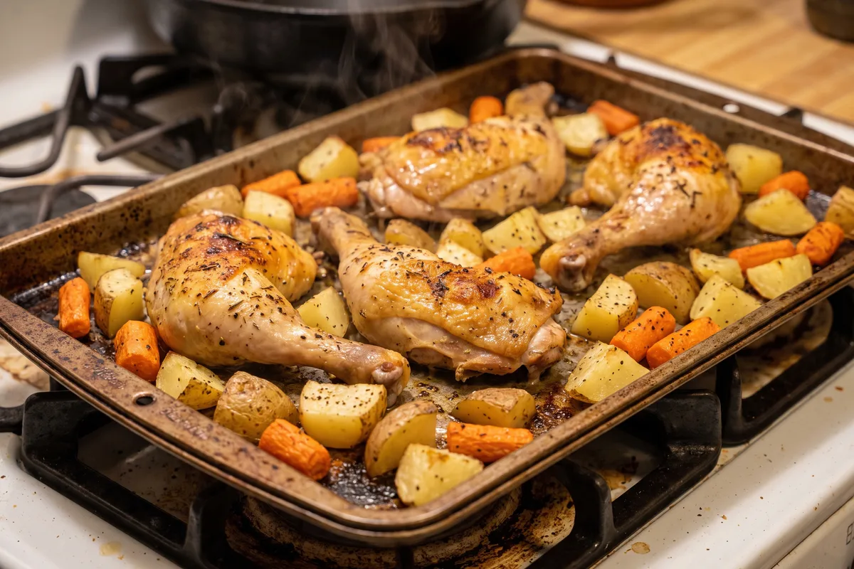 Sheet-pan chicken legs with roasted potatoes and carrots, night one of the $100 gluten-free grocery challenge