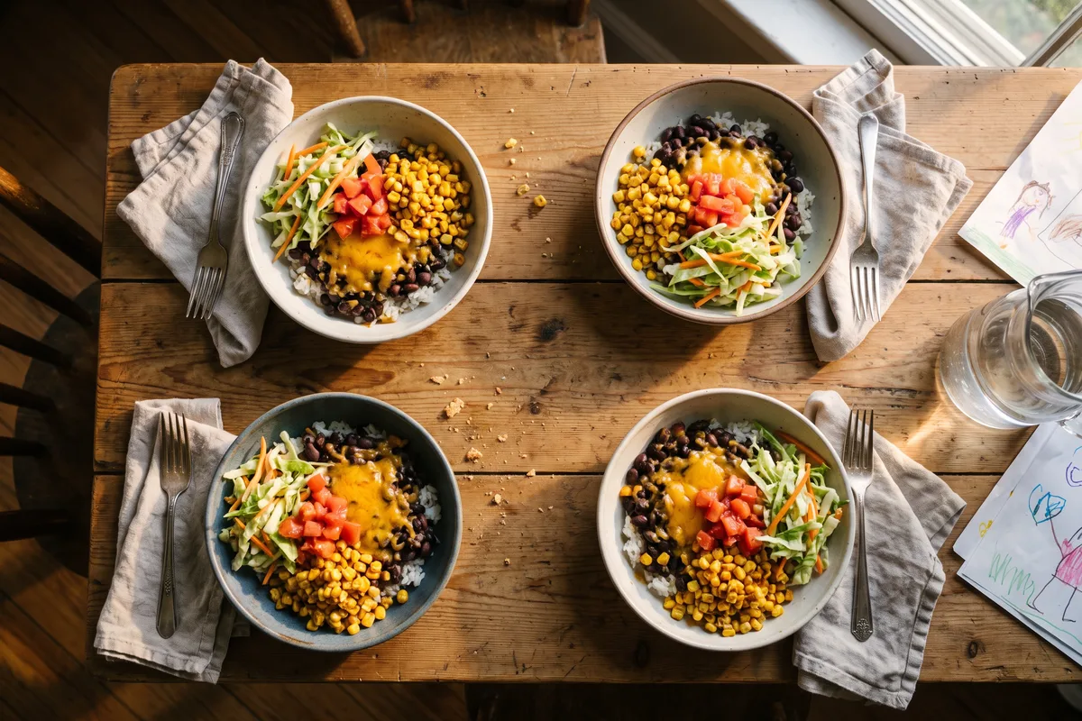 Black bean and rice bowls with cheddar, corn, tomatoes and cabbage slaw, a budget gluten-free dinner for four