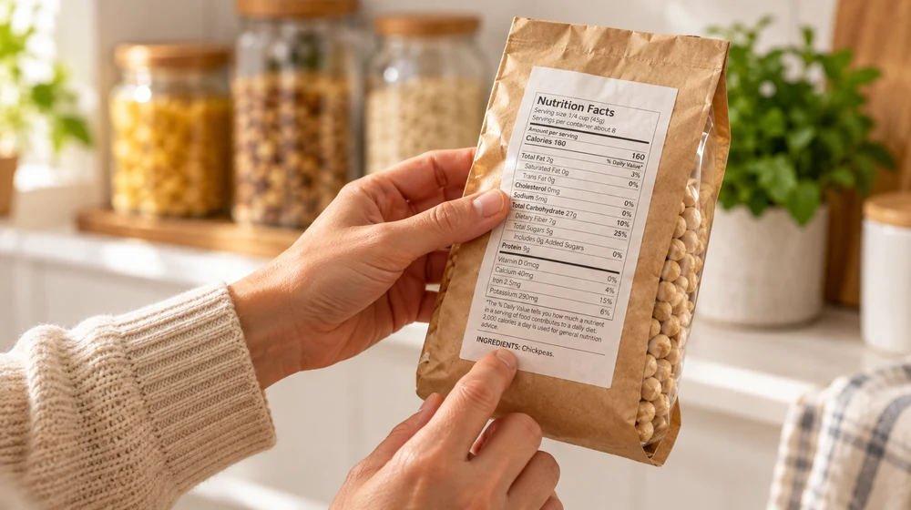 Hands reading the ingredient label on a food package.