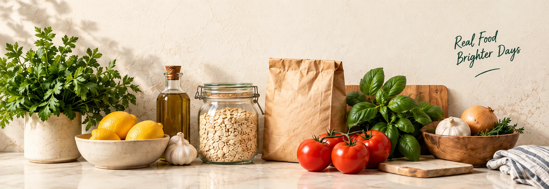 A warm kitchen counter with pantry ingredients, herbs, and fresh vegetables.