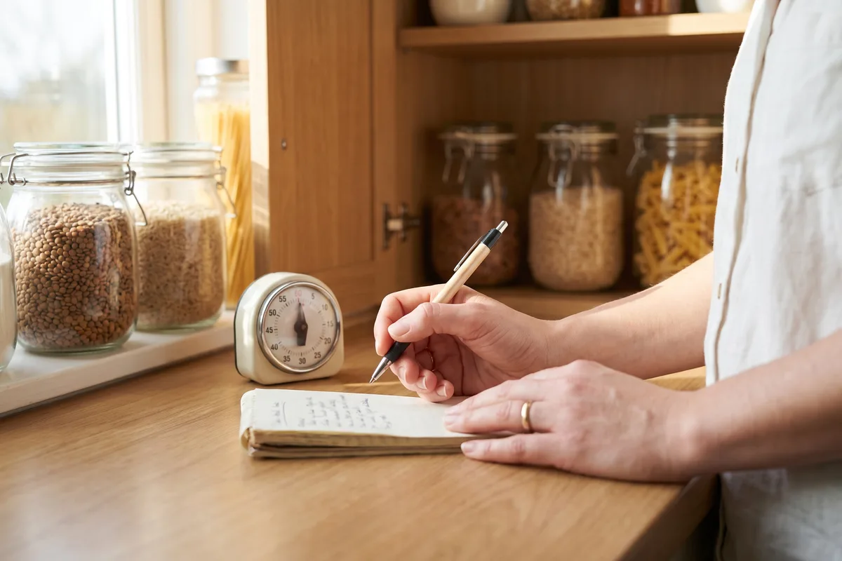 Updating a weekly gluten-free grocery list at the kitchen counter with a timer and the pantry behind