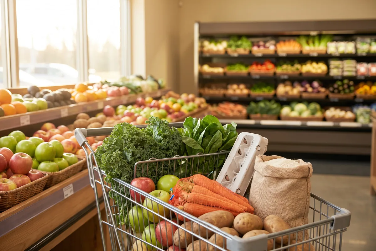 A shopping cart filled with naturally gluten-free produce, eggs and rice in a grocery store aisle
