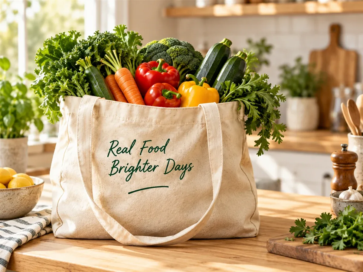 A reusable tote packed for a grocery trip