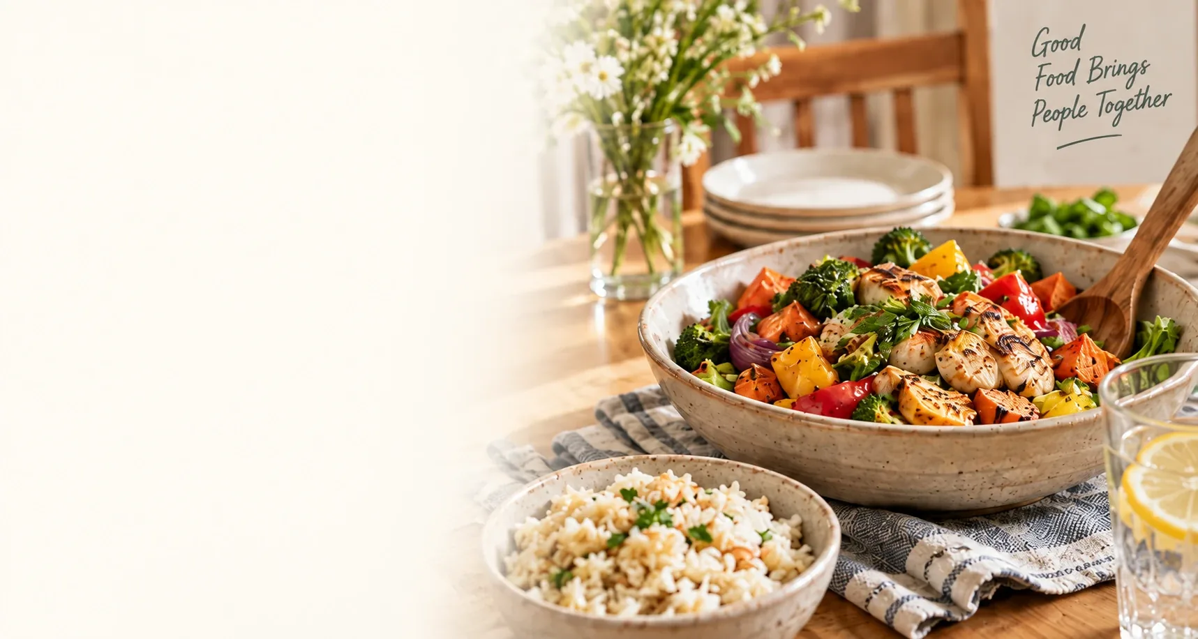An inviting table with roasted vegetables, chicken, and rice