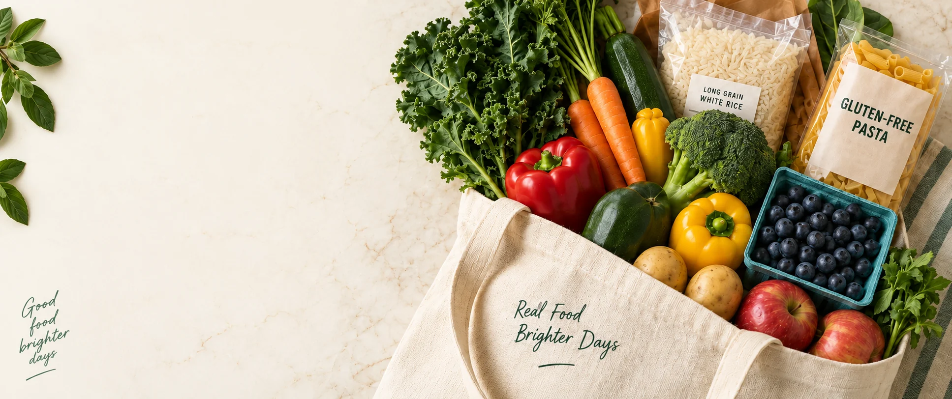 Illustrative grocery tote with fresh vegetables, berries, rice and gluten-free pasta